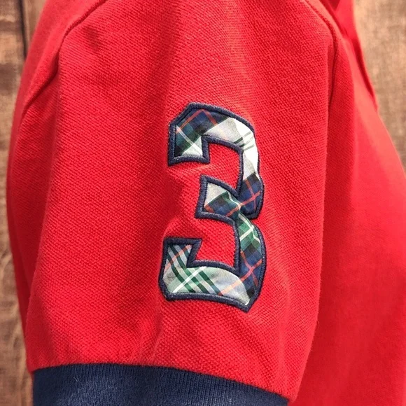 Vtg #3 Plaid Patch Large Pony Mens Red Custom Fit Blue Trimmed Polo - Picture 6 of 9